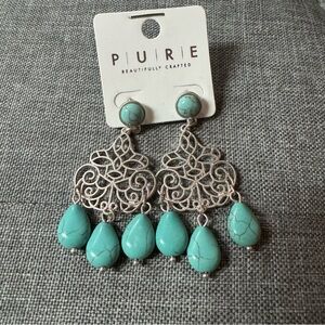 NWT Pure Silver Filigree Turquoise Drop Chandelier Earrings